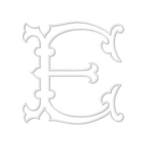 May include: A white outline of the letter E in a decorative, ornate font.