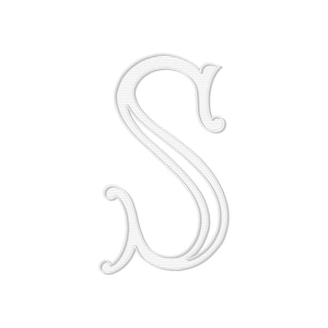 May include: A stylized, silver-colored letter S with a decorative, ornate design.