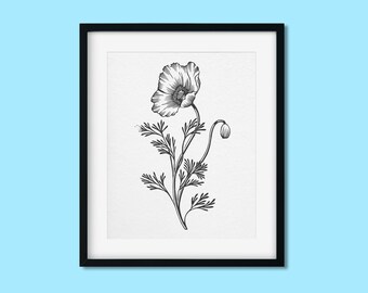 Poppy Flower Letterpress Print - Hand-Carved Design on 100% Cotton Paper