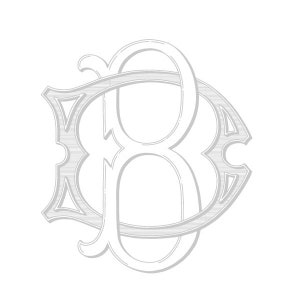 Könnte beinhalten: Ein graues und weißes Monogramm mit den Buchstaben "B" und "D", die ineinander verschlungen sind.
