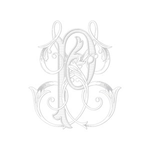Puede incluir: Un monograma plateado con las letras "P" y "R" entrelazadas en una fuente decorativa y estilizada. Las letras están rodeadas de florituras y remolinos ornamentados.