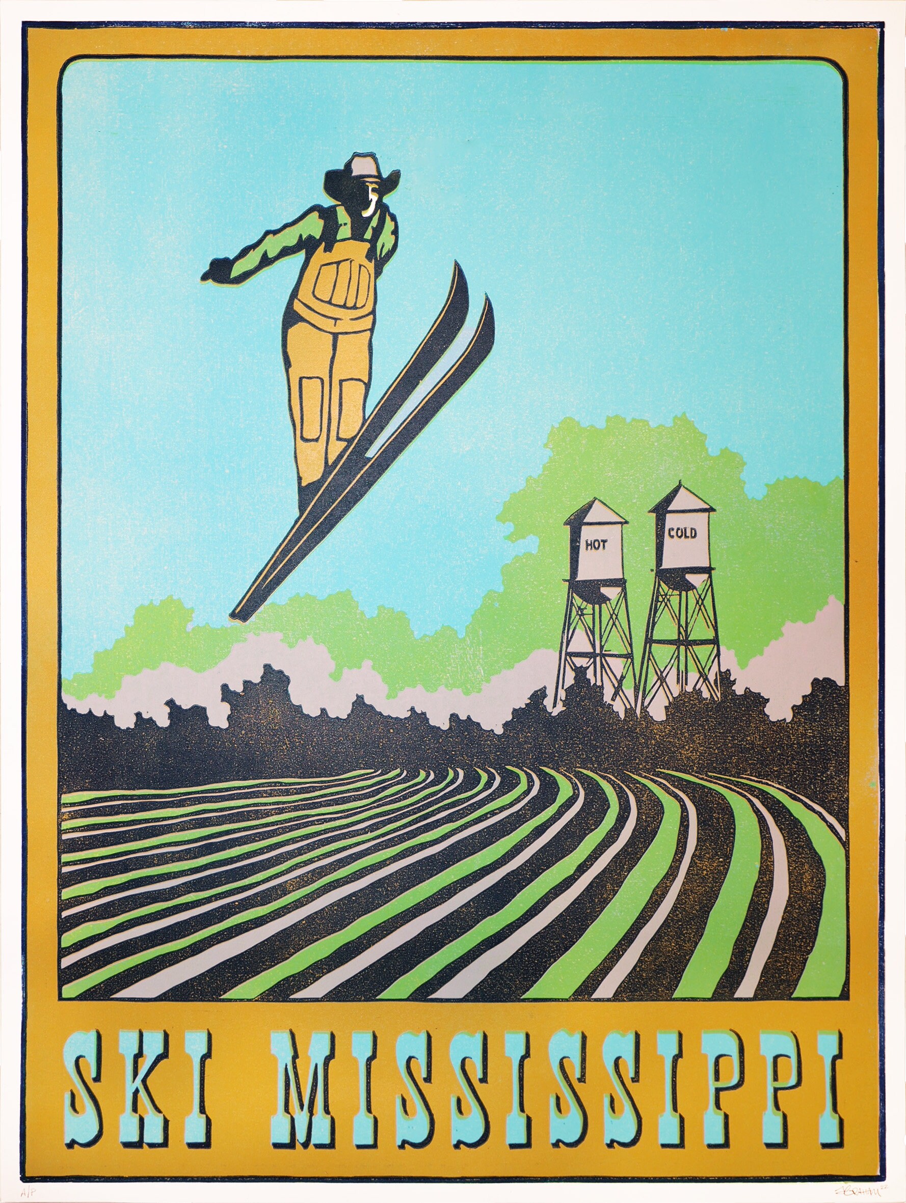 70年代 ビンテージ SKIPOLES＆SKI スキー デザイン ポスター Ski Mississippi - Original Block Print, Hand Carved, Limited