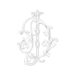 May include: A detailed, light gray monogram featuring the intertwined letters "J" and "D". The design incorporates ornate, swirling floral and leaf elements, creating an elegant and classic aesthetic. The artwork is set against a plain white background.