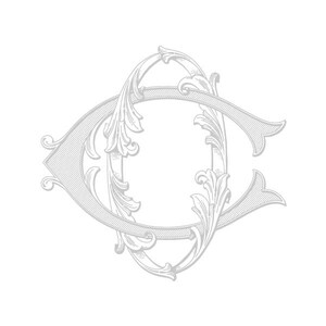 May include: A silver-grey monogram with a decorative, ornate design featuring a stylized letter "C" intertwined with itself.