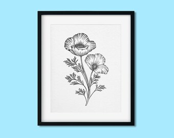 Letterpressed Poppy Flower Print - Hand-Carved Design on 100% Cotton Paper