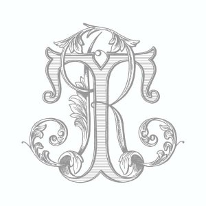 May include: A gray and white monogram with the letters "JR" in a decorative, ornate font. The letters are surrounded by intricate floral designs.