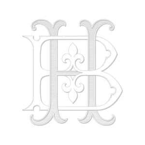 May include: A silver monogram with the letters "HB" intertwined. The letters are in a decorative, ornate font with a fleur-de-lis design in the center.