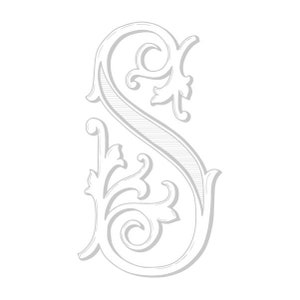 Może przedstawiać: Dekoracyjna, ozdobna, biała litera S z kwiatowym wzorem.