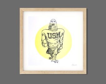 USM Letterpress Print Vintage Mascot Southern Mississippi Art