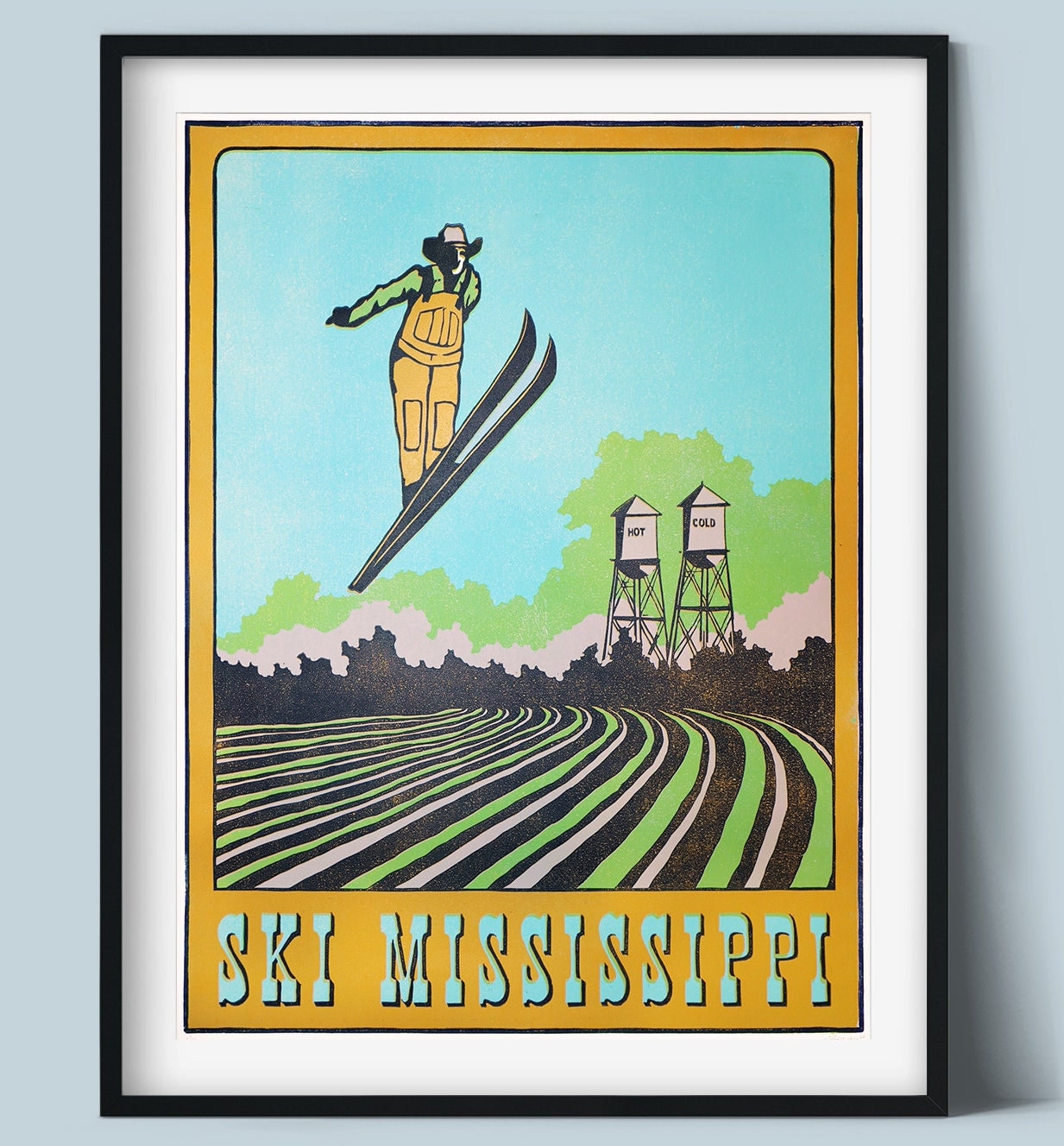 70年代 ビンテージ SKIPOLES＆SKI スキー デザイン ポスター Ski Mississippi - Original Block Print, Hand Carved, Limited
