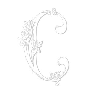 Puede incluir: Una letra C estilizada decorativa con un diseño floral. La letra es de color gris claro y está delineada en negro.