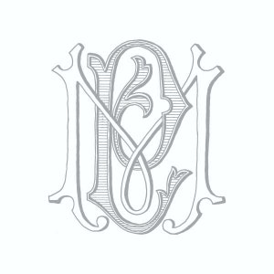 May include: A gray and white monogram with the letters "N" and "E" intertwined. The letters are in a decorative, stylized font.