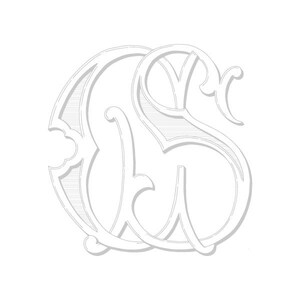 May include: A white, stylized monogram of the letters "C" and "S" intertwined. The letters are in a decorative, script font.
