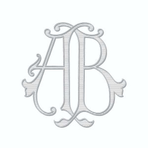 May include: A silver monogram with the letters "AB" intertwined in a decorative script font.