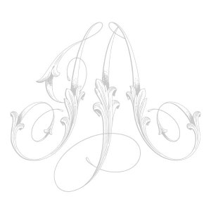 May include: A silver gray monogram with the letters "A" and "M" intertwined with ornate flourishes.