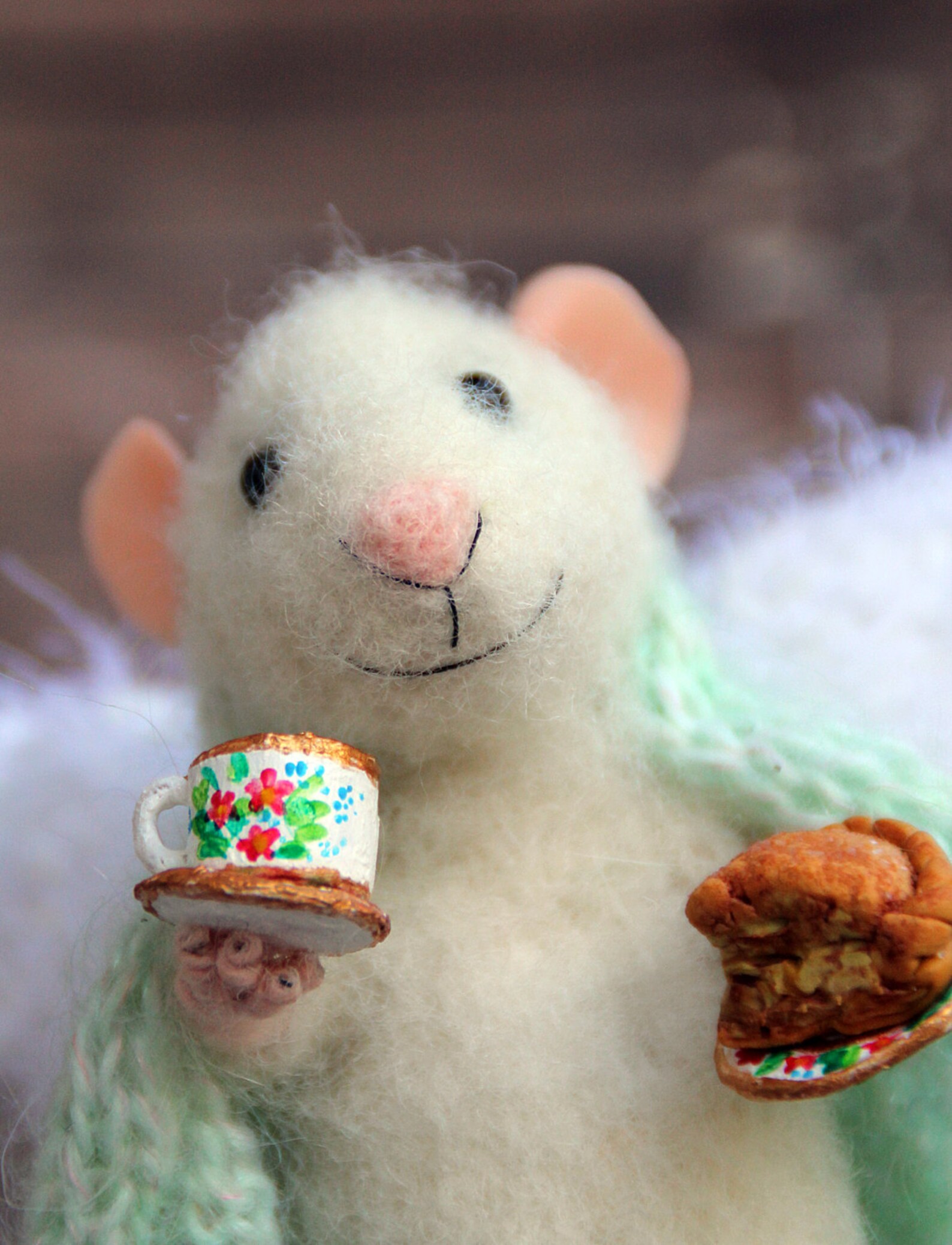 Needle felt mouse angel of home in a blanket with cup and Etsy