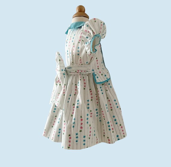 Size 2 1950s Aqua & Pink Cotton Print Toddler Dre… - image 6