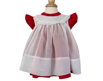 9 Months Red Dress w/ White Organdy Pinafore 1678519729