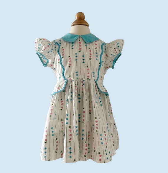 Size 2 1950s Aqua & Pink Cotton Print Toddler Dre… - image 2