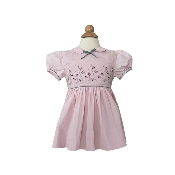 Size 24 Months 1950's Nannette Toddlers Pink Cotton Baby Dress w/ Gray Embroidery Piping & Bow 1703949006