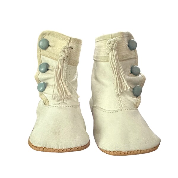 Size 0 Antique Victorian Very Faint Blue nearly White Tassels Blue Buttons High Top Baby DOLL Button Leather Shoes 1714683294