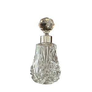 Antique Cut Glass Perfume Bottle: Sterling Silver Collar, Faceted Stopper