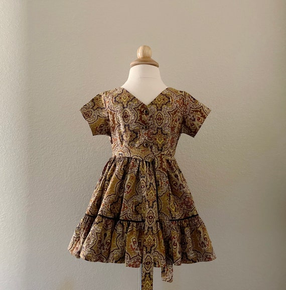 Size 3 60s Brown Print Cotton Toddler Dress w/ Ti… - image 5