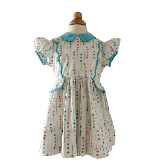 Size 2 1950s Aqua & Pink Cotton Print Toddler Dre… - image 1