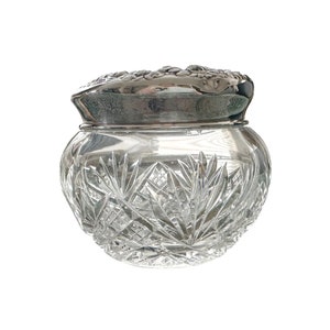 Antique 3 1/4&quot; Tall Sterling Silver & Cut Crystal Zipper Pattern Powder Dresser Vanity Jar 1541600882