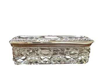 1915 Birmingham England 3" x 1" x 1"  Sterling Silver Glass Dresser Vanity Trinket Casket Box Jar