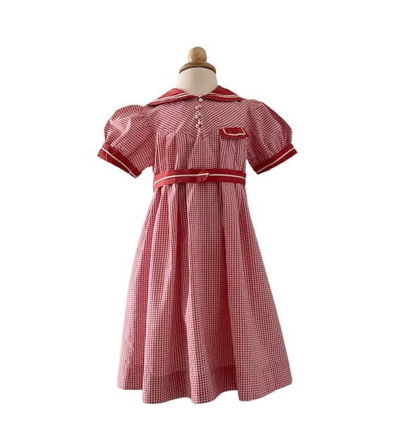 Size 4 - 5 Kate Greenaway 50s Frock Red Check Dre… - image 1