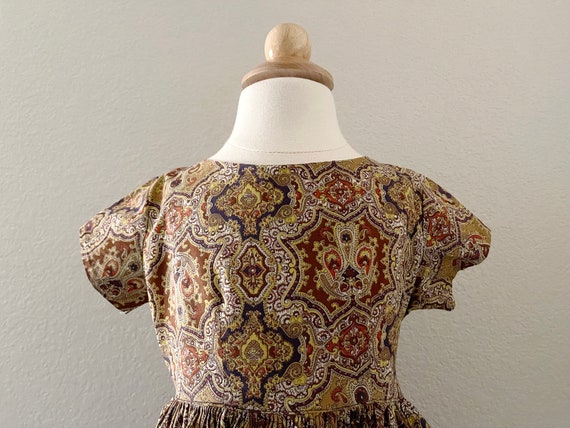 Size 3 60s Brown Print Cotton Toddler Dress w/ Ti… - image 2