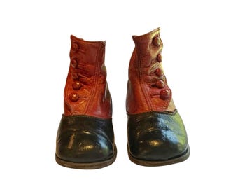 Victorian Red and Black Leather High Top Button Baby Toddler Child Doll Shoes Boots