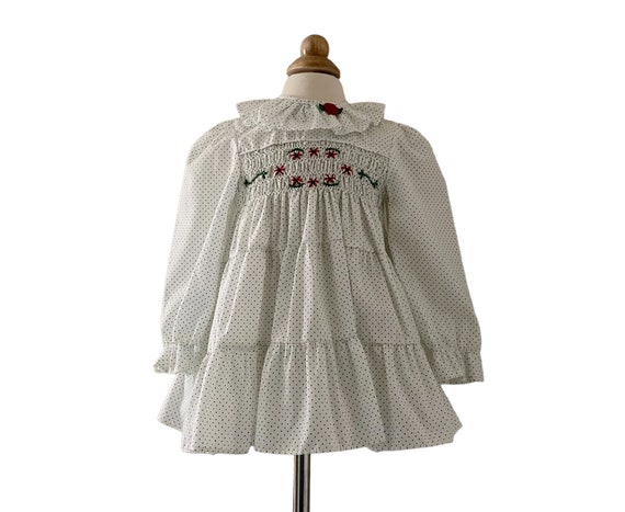 Size 2 70s Smocked Polly Flinders White Green Dot… - image 1