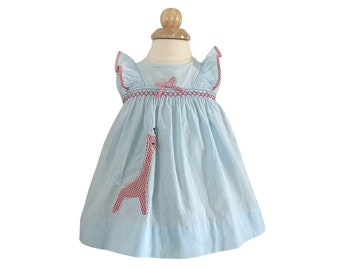 Size 6 - 9 Months Blue Cotton Baby Girl Sun Dress w/ Giraffe Applique 1682006801