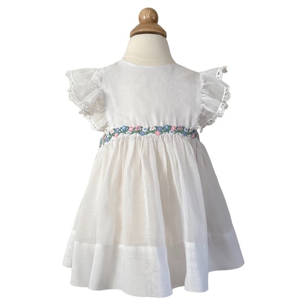 Size 2 Semi Sheer White Cotton Gauze Baby Girl Toddler Pinafore Dress w/ White & Floral Trim 1711705512