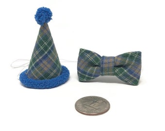 Mini Birthday Set, Blue Green Plaid Birthday Set, Party Hat, Birthday Hat, Hedgehog Birthday Hat, Chicken Party Hat, Ferret Party Hat