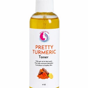 May include: A clear plastic spray bottle containing a yellow liquid labelled Pretty Turmeric Toner. The label features a logo, text describing benefits, an illustration of turmeric roots and a lemon, and the volume measurement of 4 oz.