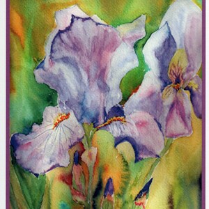 May include: Watercolor painting of purple iris flowers with green leaves and a yellow background. The artist's signature, "Melangar", is in the bottom right corner.