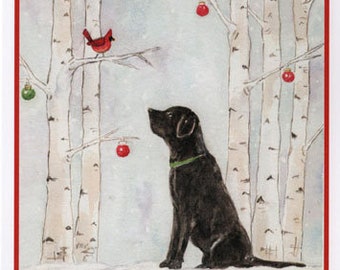Black Labrador Retriever and Cardinal in Aspen Woods.   Ten Pack Of Cards.  Inside of Card: Comfort & Joy.   Watercolor By StellaJaneCards