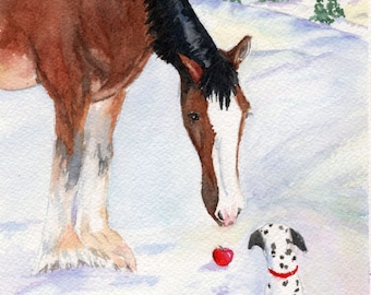 Tarjetas navideñas de acuarela: Alegría con caballo y perro dálmata, paquete de 5