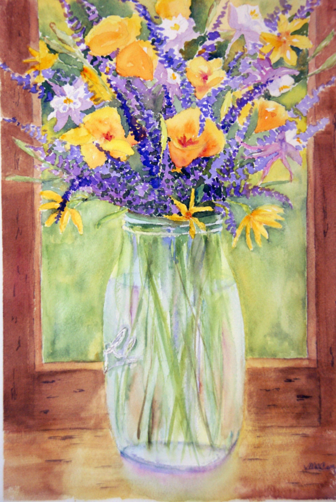 Watercolor Flowers in Mason Jar Card. Bouquet of Bright Purple Etsy