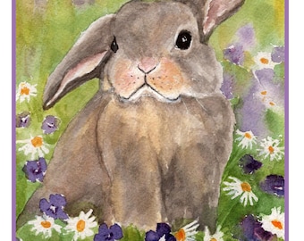 Tarjeta de conejo con flores. Juego de 4. Interior en blanco.