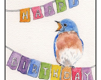 Watercolor Birthday Bird Cards: Bluebird, Chickadee, Owl - Set of 4