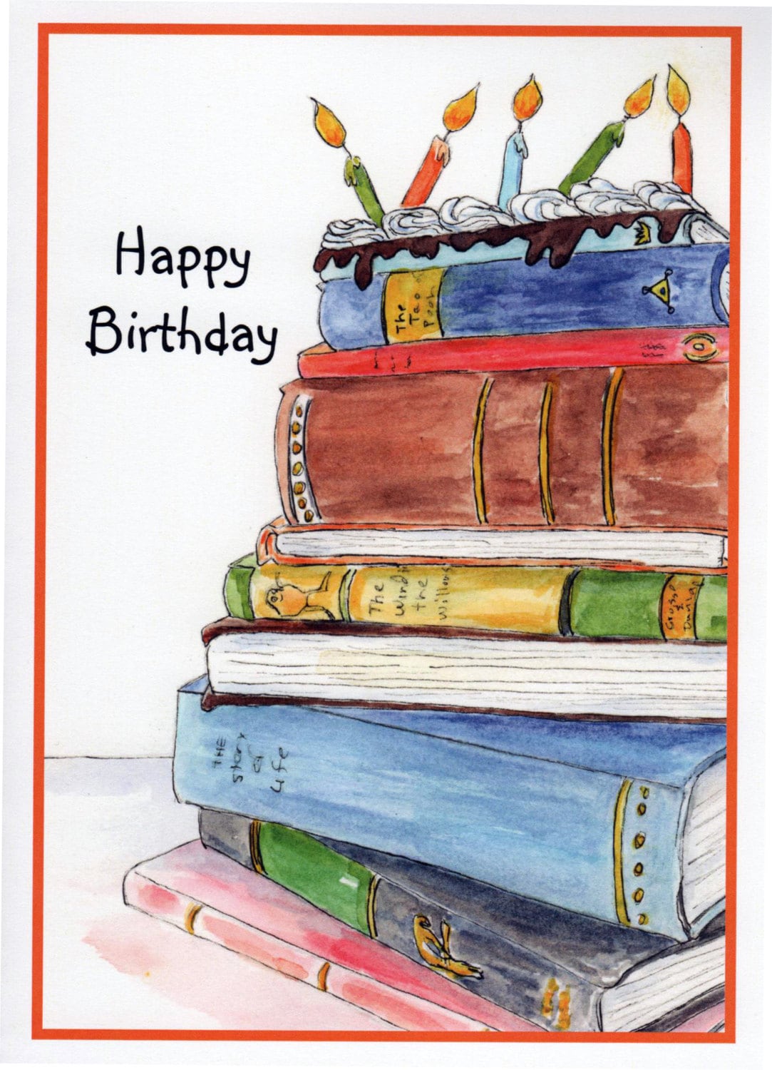 Birthday Book Cake. Stack of Books, Candles, Birthday Cake. Four-pack  Birthday Cards 