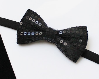 Black sequin bow tie | Wedding bow tie | Groom, best man bow tie | Pre tied bow tie | Papillon noir | Noeud papillon | Personalized labels