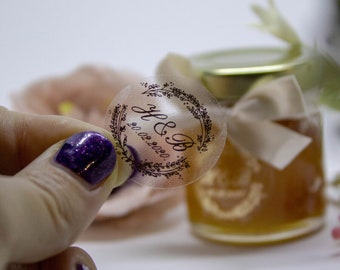 TRANSPARENT personalised custom STICKERS with your own text or logo 28mm diameter  100 pcs