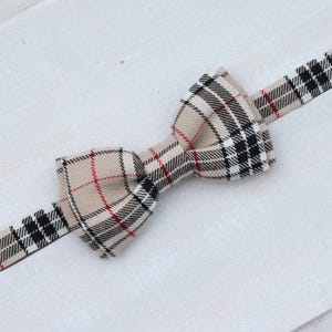 Può includere: Un papillon beige a quadri neri e rossi. Il papillon è posto su uno sfondo bianco. Il motivo a quadri è un design classico, adatto a occasioni formali o informali.