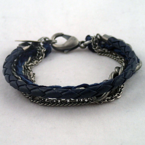 Moody Blues Multichain Bracelet - 6 1/2" handwoven thread, leather & multi chain bracelet. handmade to order in NYC.