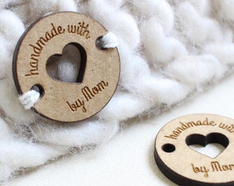 Set of 20 wooden tags, handmade with love by, personalized name for crochet, knits and handmade items - Size 1"